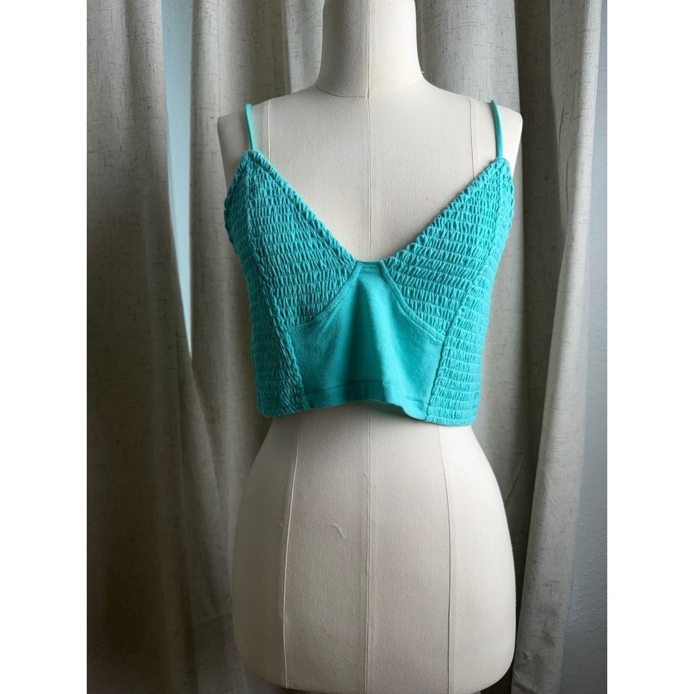 Zenana Teal Smocked Cropped Cami Top V-Neck Adjustable Straps Turquoise XL